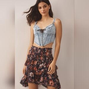 By Anthropologie Asymmetrical Floral Smocked Mini Skirt